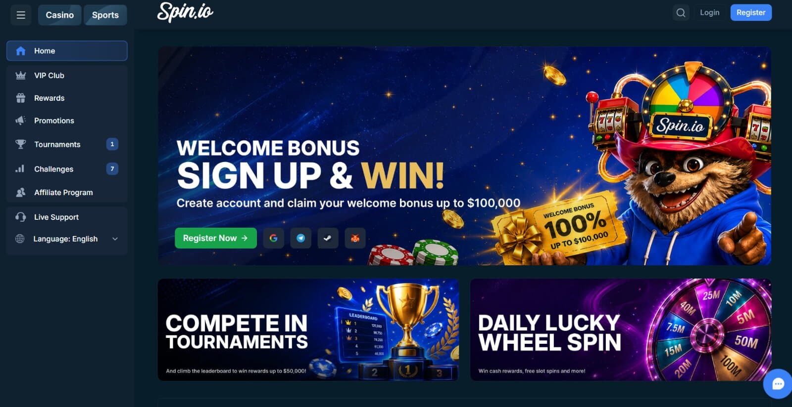 Spin.io Casino's landing page with the welcome bonus banner promoting the 100% deposit match offer, left side navigation menu and promotional tournament images
