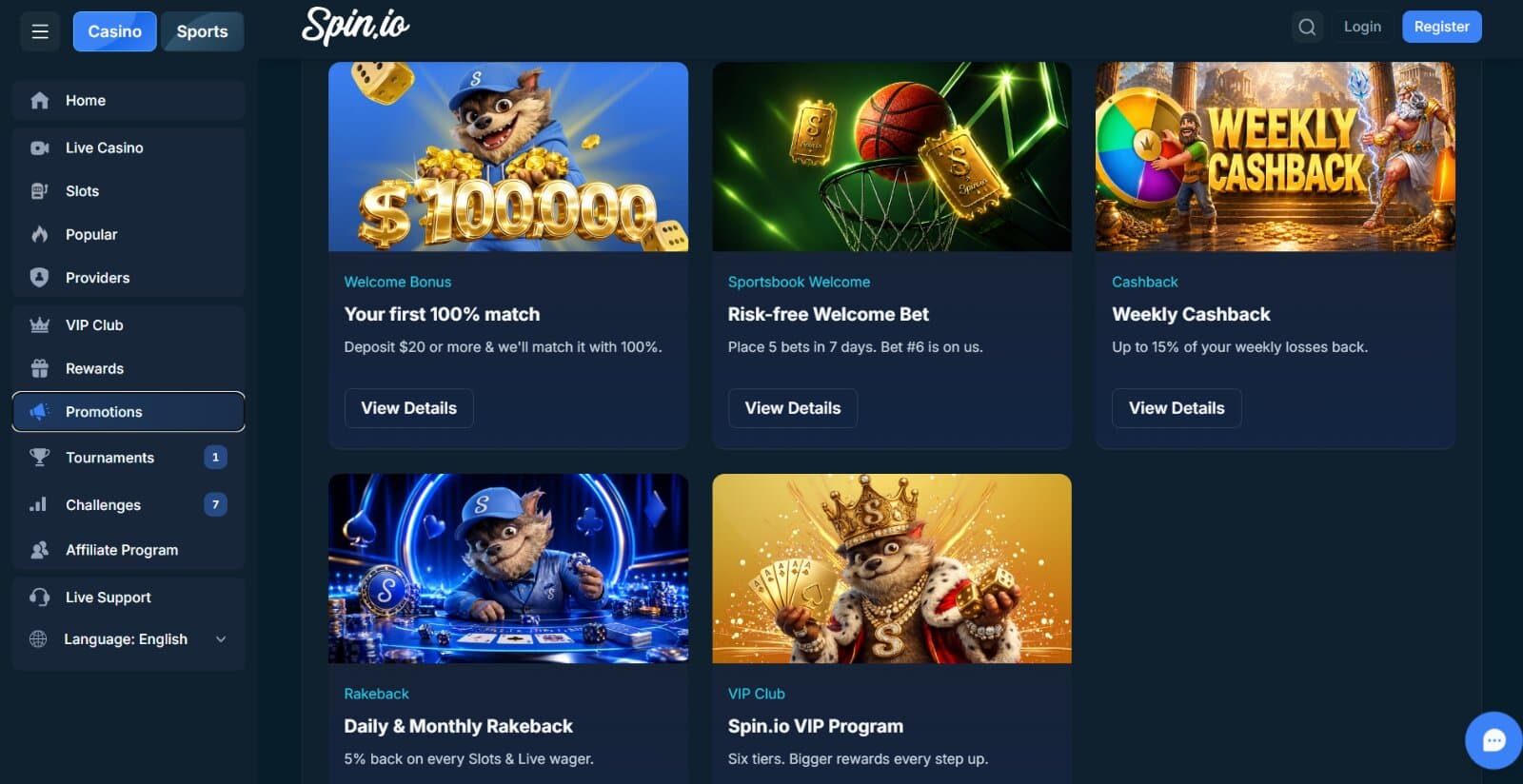 Spin.io Casino's promotions page featuring the welcome bonus, cashback and rakeback offers with images of bear mascot