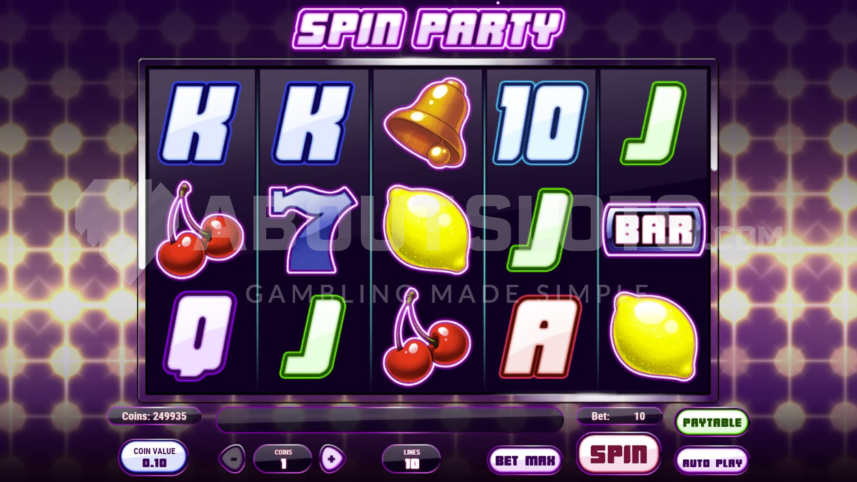 Base Game view of a 5x3 grid populated by classic casino symbols on a background of flashing lights.