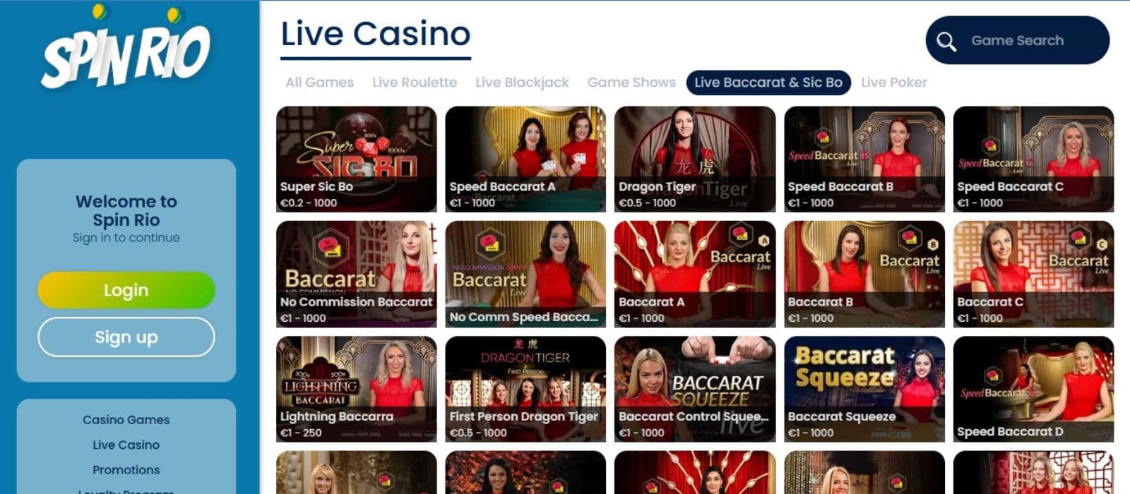 Spin Rio Casino's live games section, showing variations of Baccarat & Sic Bo.