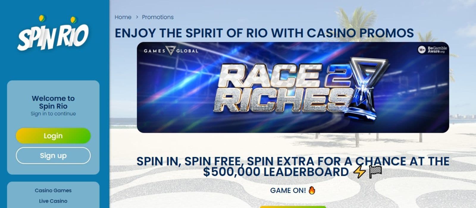 Spin Rio Casino's promotions page, showing a tournament with €500,000 prize pool.
