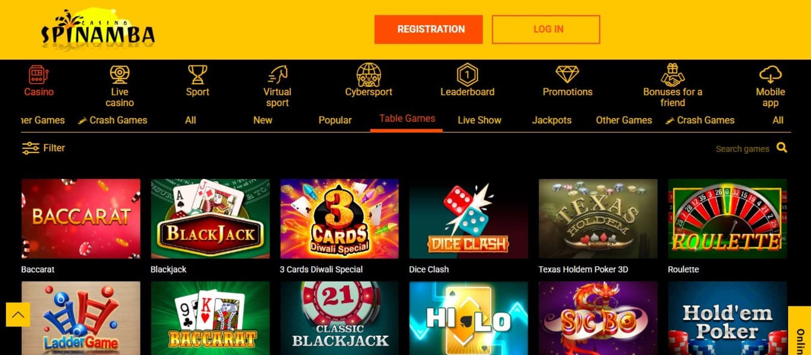 Spinamba Casino's table games category, showing variations of blackjack, baccarat, and poker.