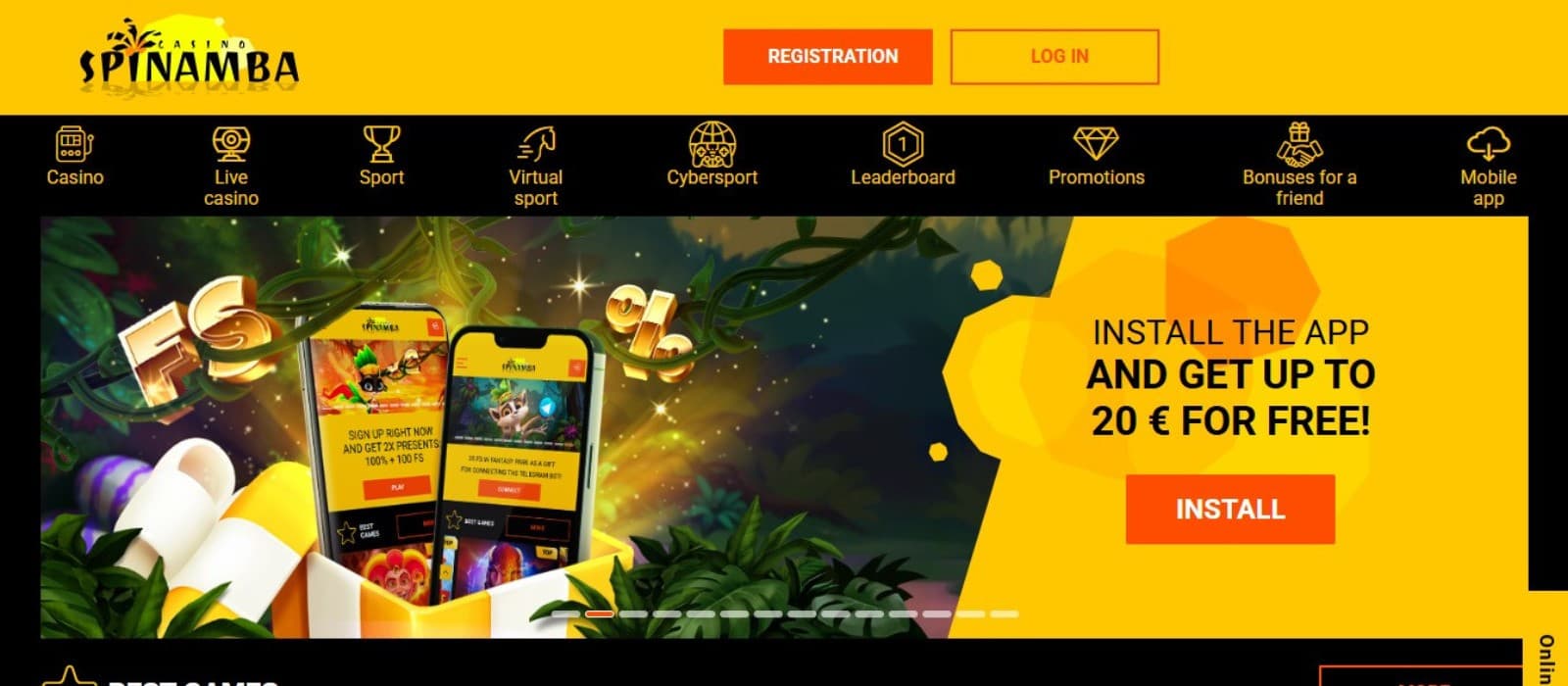 Spinamba Casino's homepage, showing the app installation bonus worth up to €20.