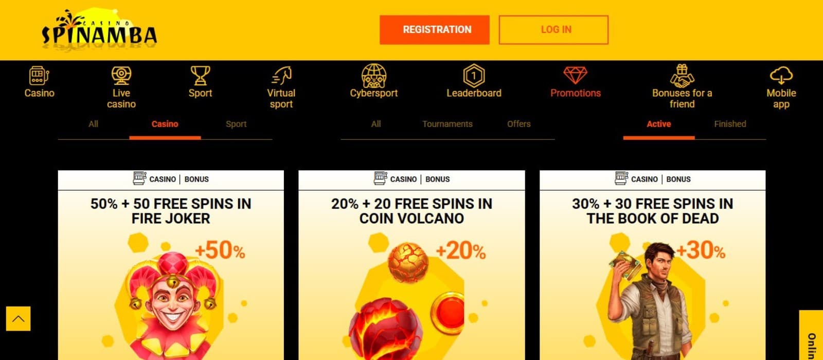 Spinamba Casino's promotions page, showing the welcome bonus package.
