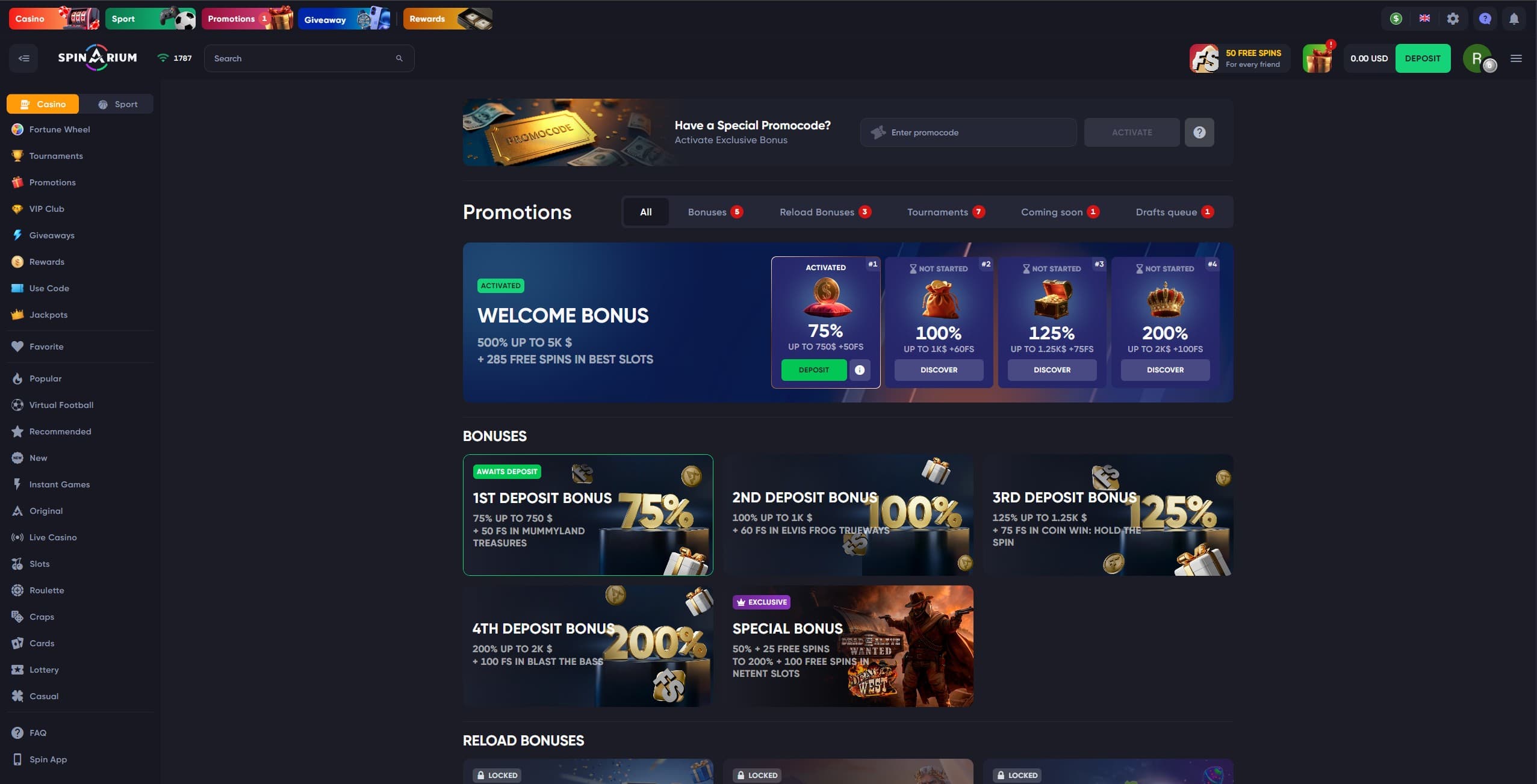 Spinarium Promotions Page showing the available bonuses and promotions