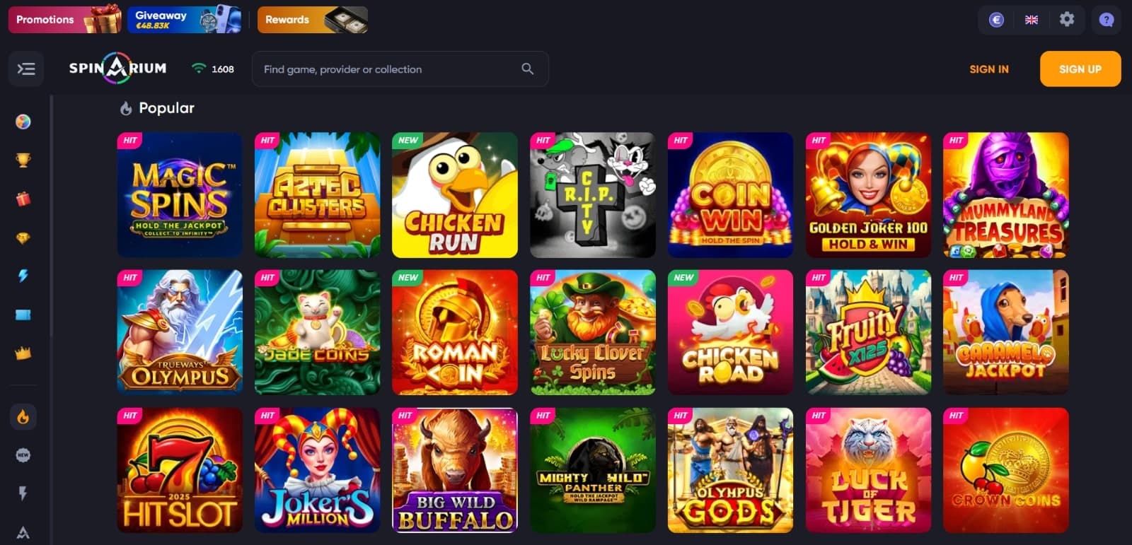 Spinarium Casino games page with slot titles under game filter and tabs