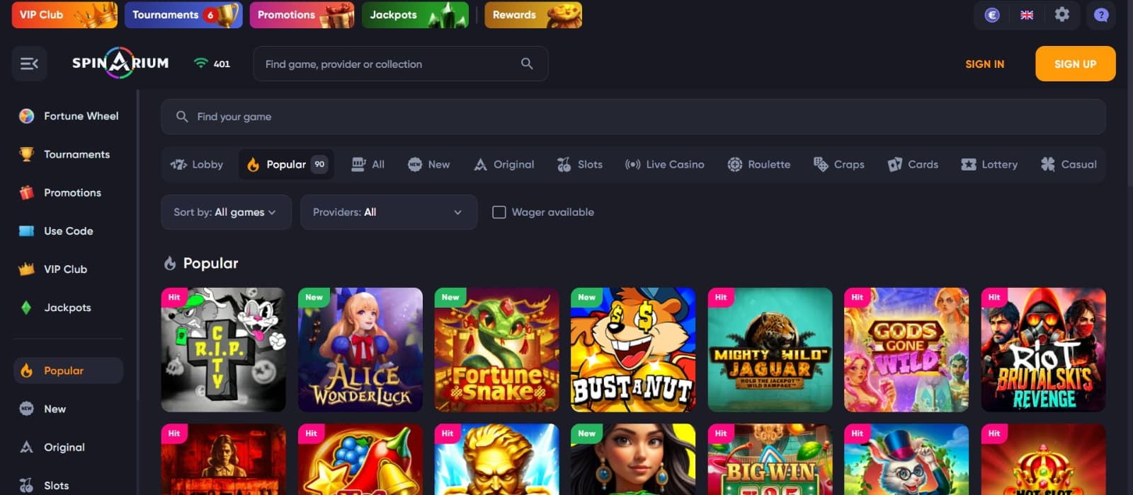 Spinarium Casino games page with slot titles under game filter and tabs