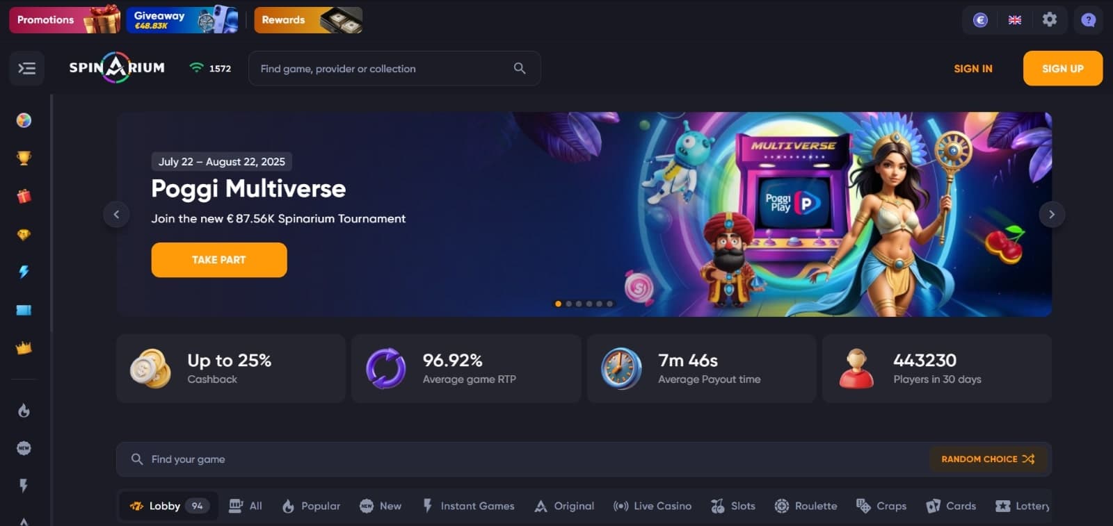 Spinarium Casino landing page featuring Spinarium tournament , cashback promo, and lobby casino tabs