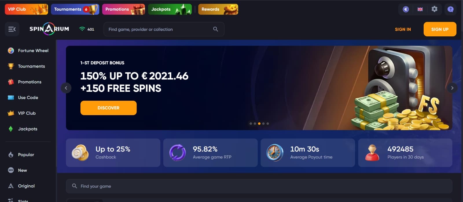 Spinarium Casino landing page with welcome bonus with safe and money image