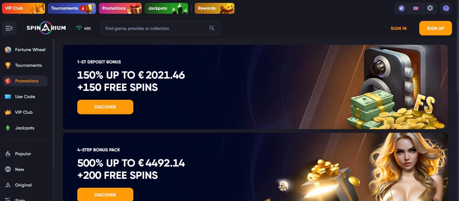 Spinarium Casino promotions page with welcome bonus packages 