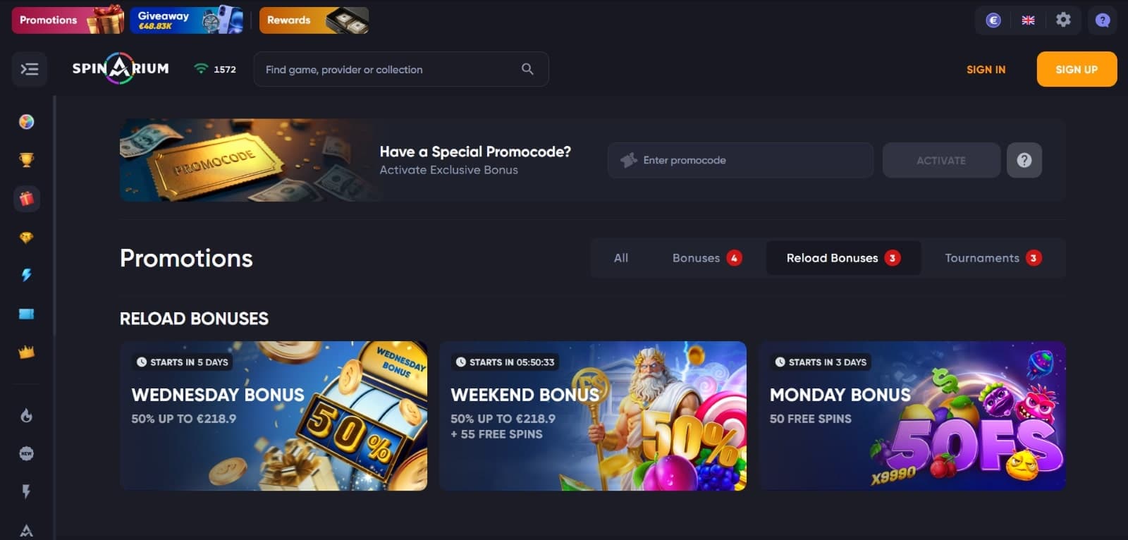 Spinarium Casino promotions page listing the Wednesday, weekend and Monday reload bonuses