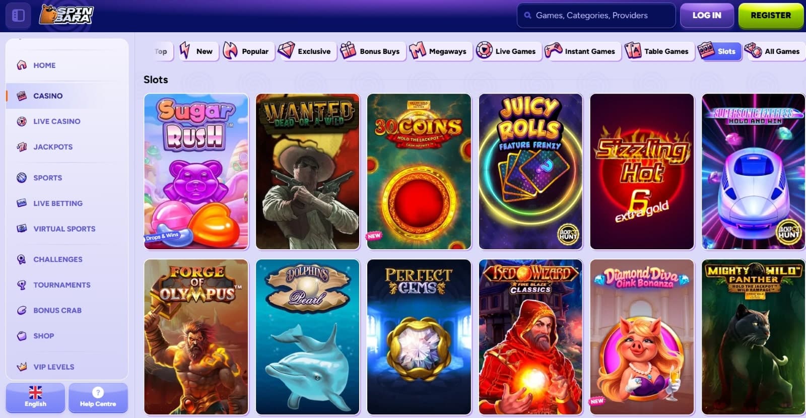 SpinBara Casino games page featuring popular slots such as Sugar Rush and Wanted dead or a Wild