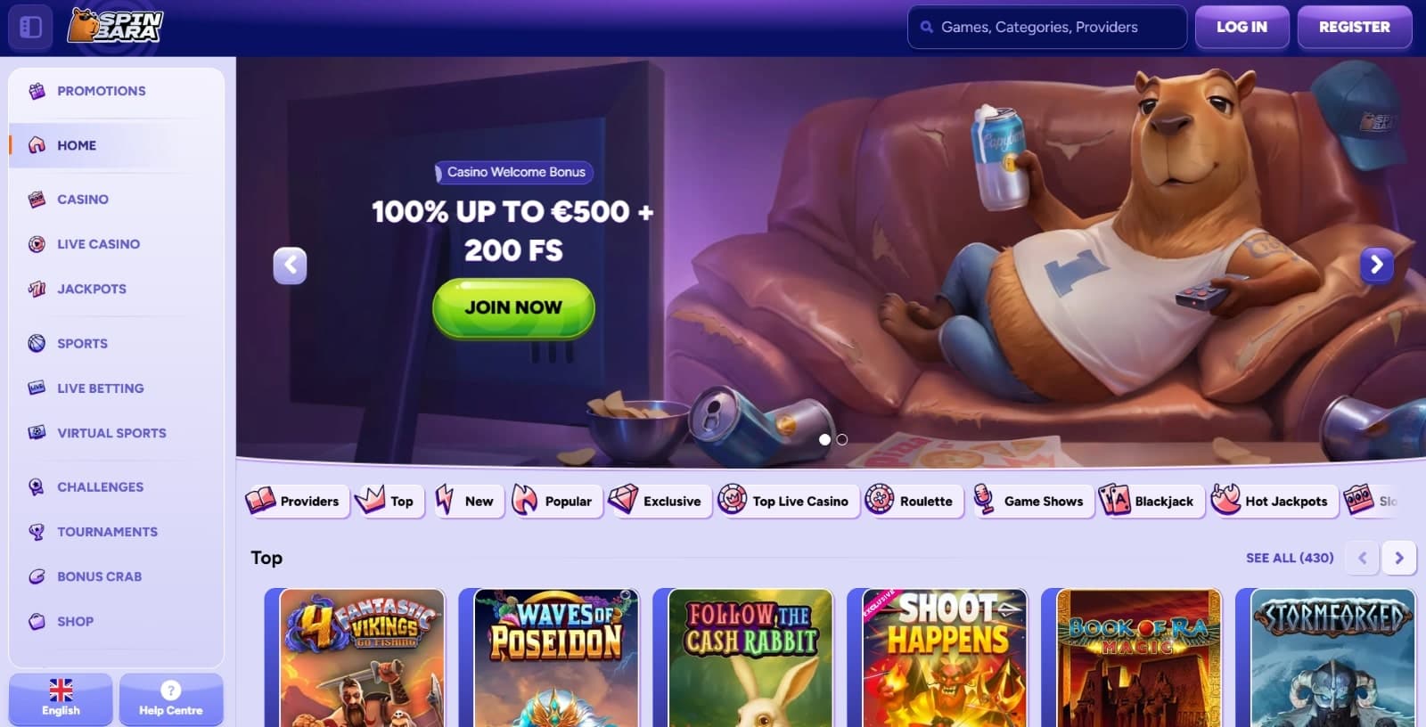 SpinBara Casino landing page featuring the registration bonus of 100% up to 500 euros and 200 free spins over image of Capybara character and with featured slots segment under it