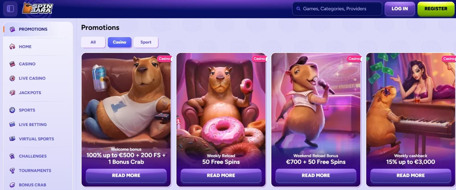 SpinBara Casino promotions page featuring the welcome bonus, reload bonuses, cashback offers presented by the capybara mascot