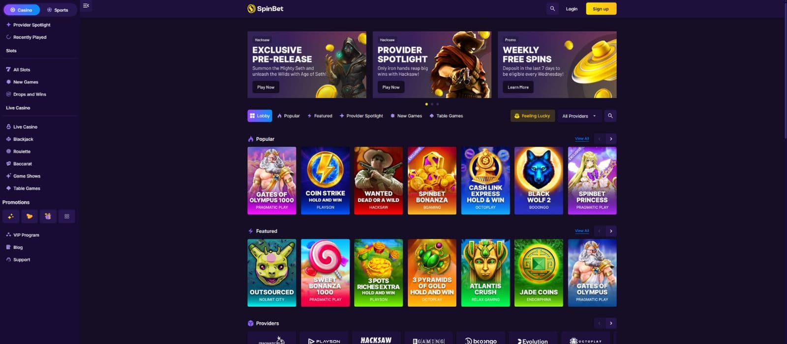 Spinbet games page showing a selection of different games available