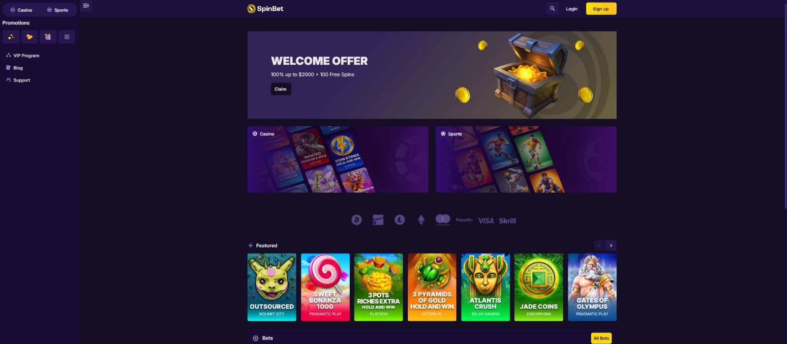 Spinbet casino landing page showing the welcome offer, different game categories and a selection of featured casino games