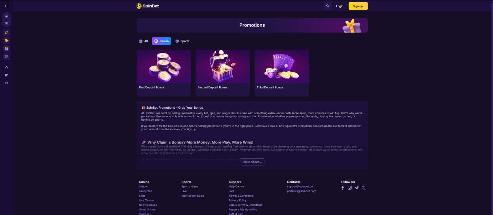 Spinbet Casino promotions page showing the available casino welcome bonuses