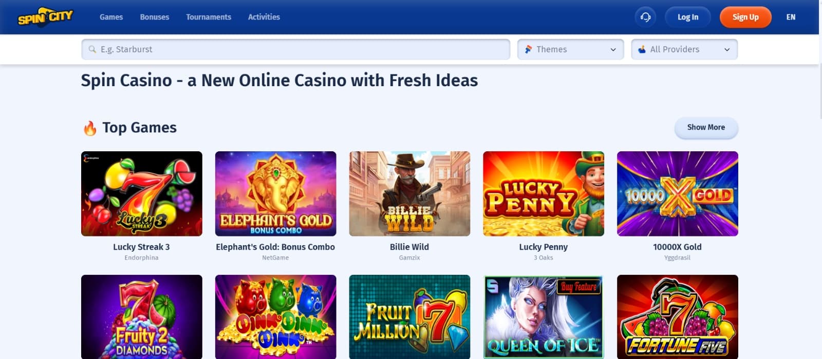 Spin City Casino games page with 777 slots under search function