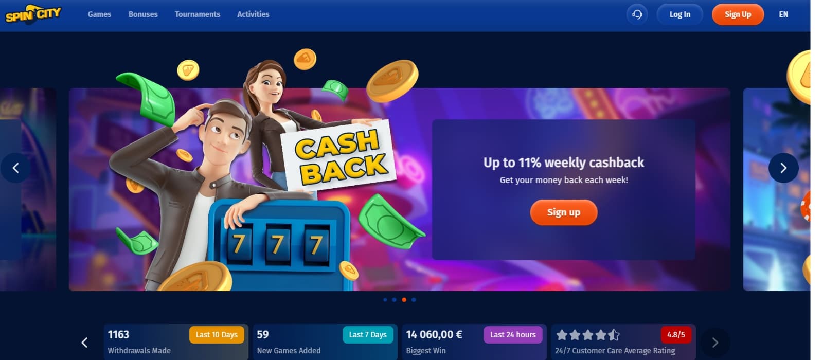 Spin City Casino landing page with cashback promotional banner with slot machine 