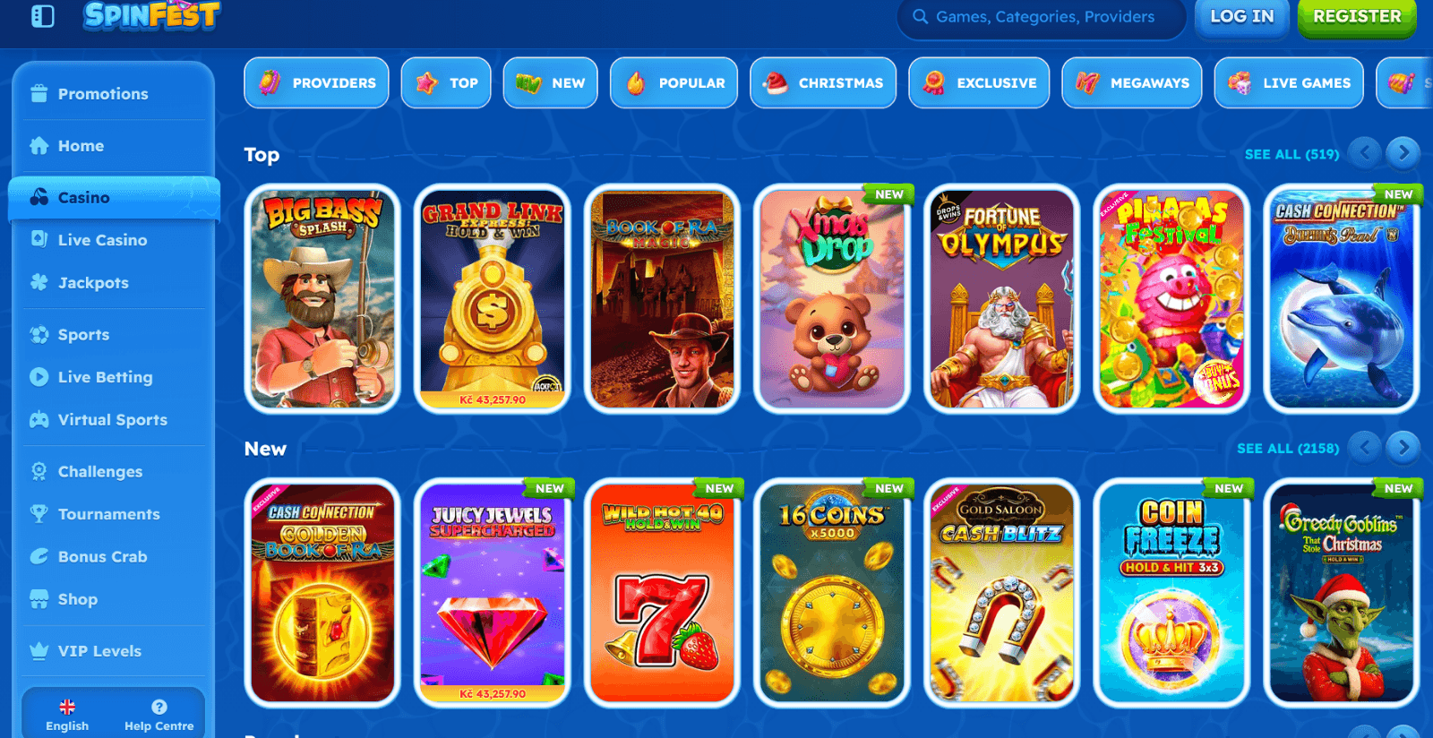 Spinfest Casino games page with slot game icons and casino game categories, with live and table game section in the left hand menu