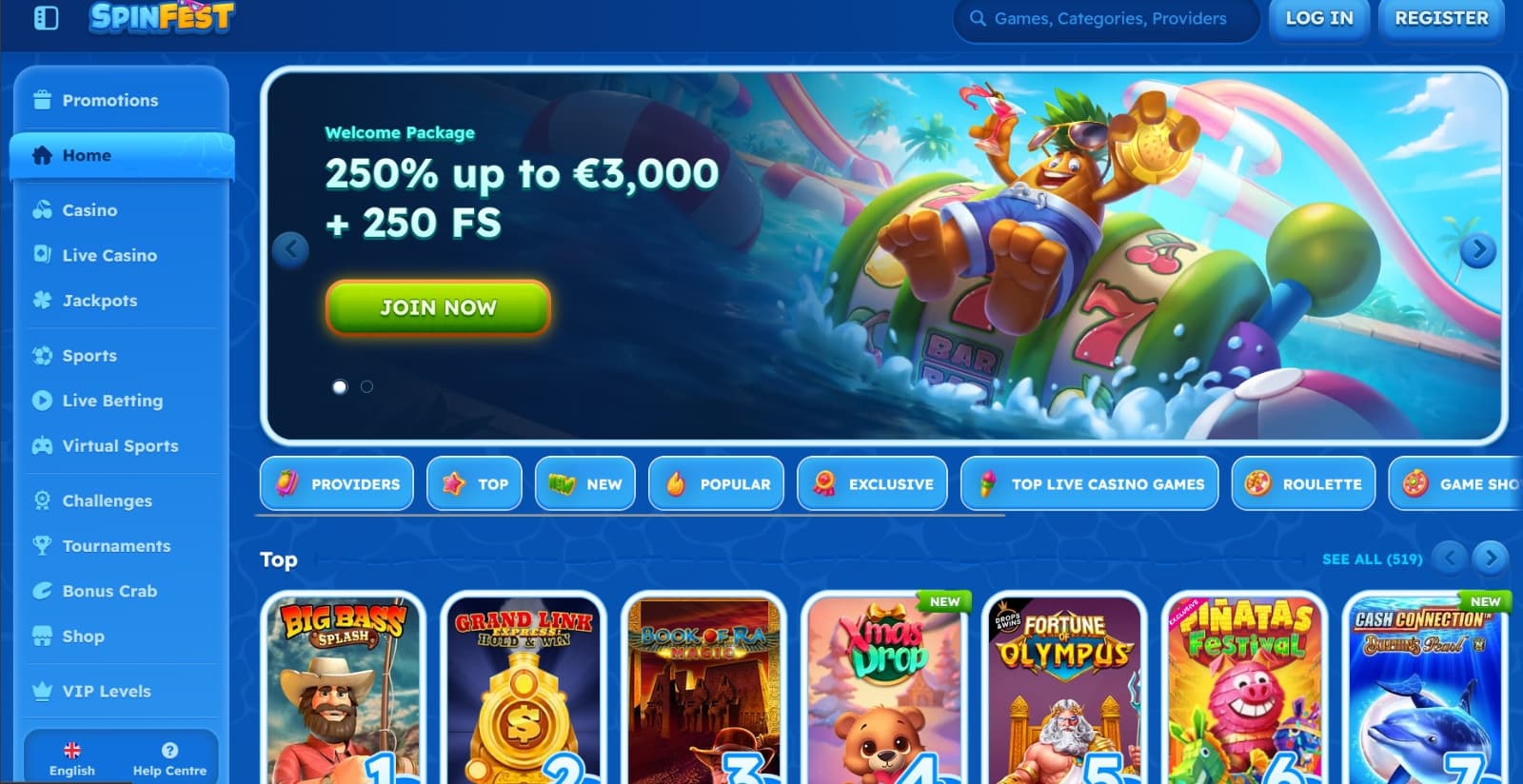 Spinfest Casino Landing Page featuring the welcome bonus of 3000 euros and 250 free spins over banner with tropical fruits, above game categories and featured slots
