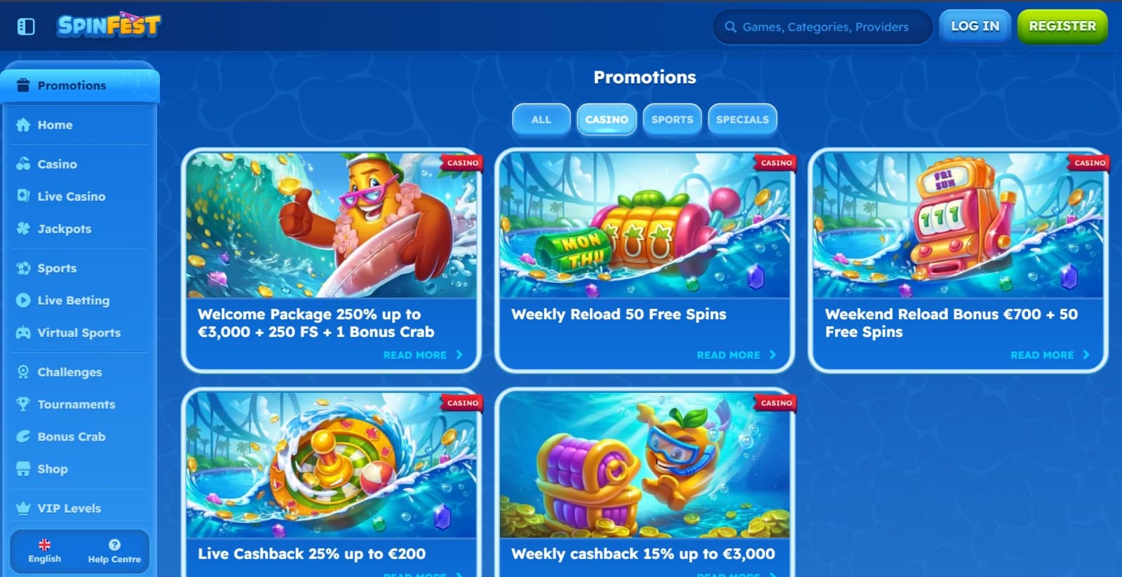Spinfest Casino promotions featuring the welcome offer, cashback promos, and reload offers with fruit character banners
