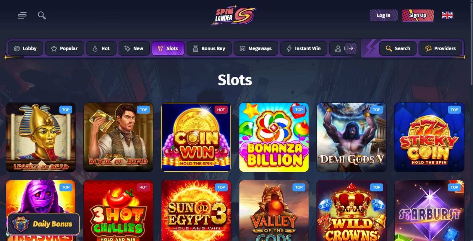   The games page of Spinlander Casino displays slot games, such as Legacy of Dead, Book of Dead, and more.