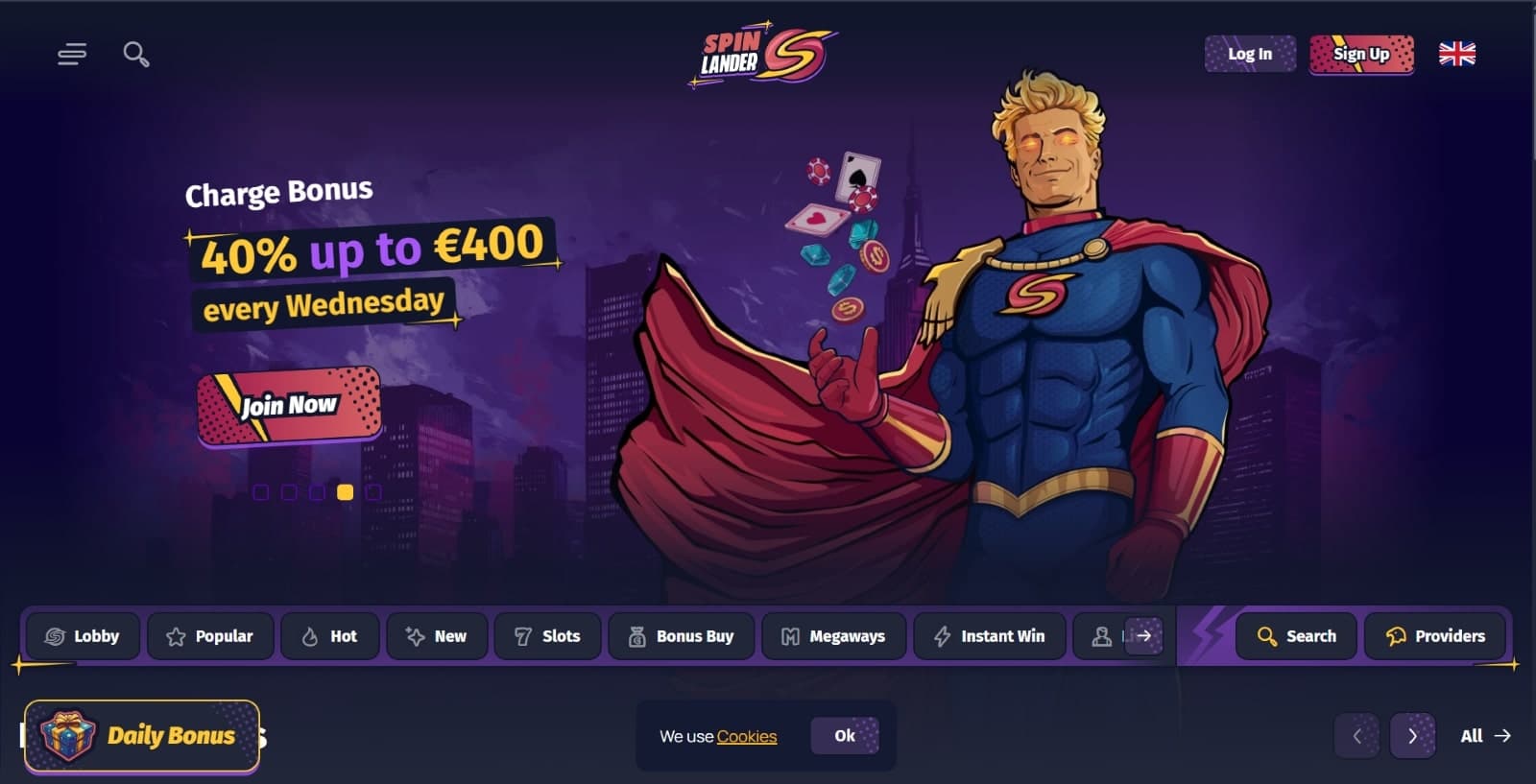 The landing page of Spinlander Casino shows the Wednesday charge bonus of up to 400 euros.