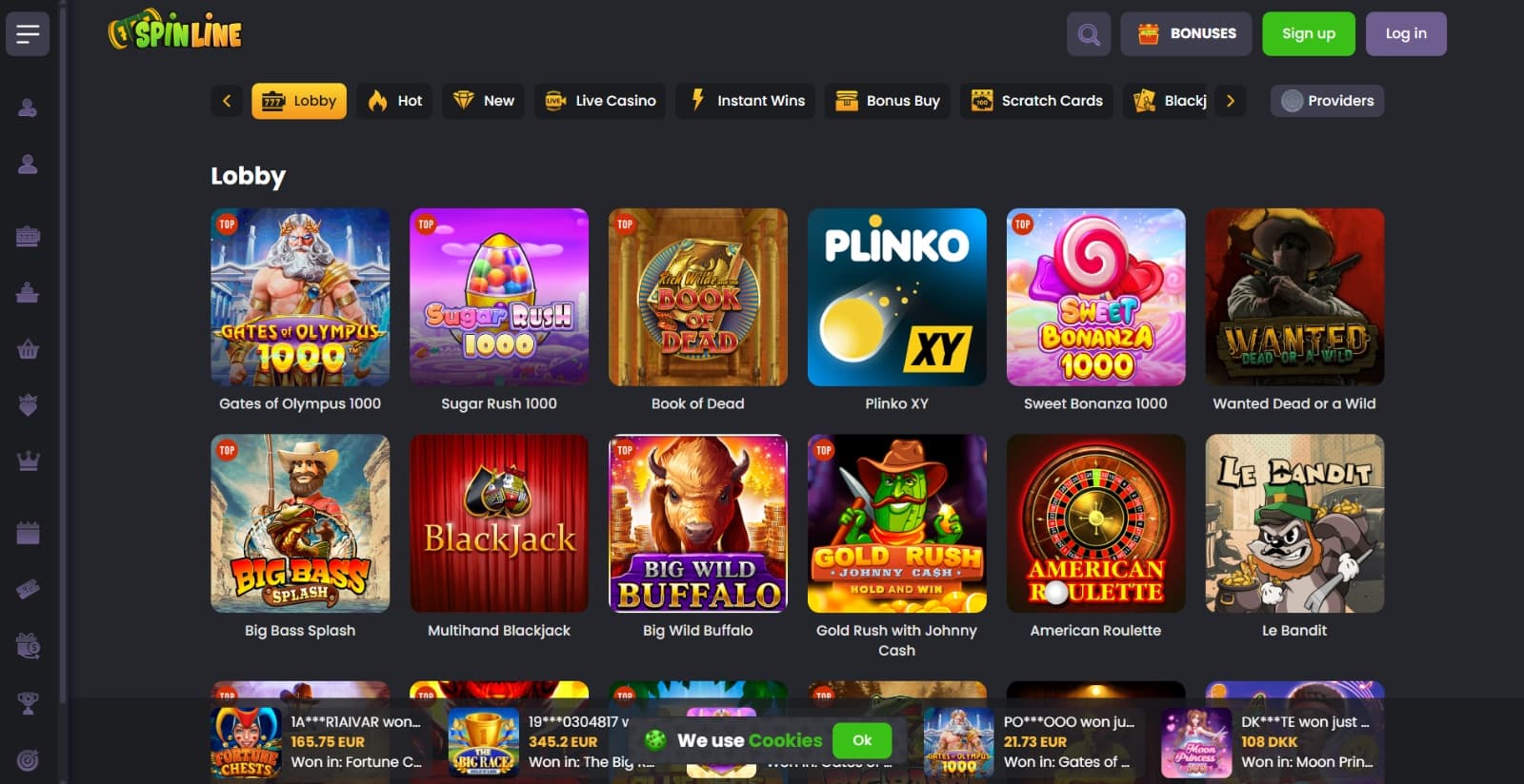 Spinline Casino's games page listing the slot, instant, table and live games and their respective icons