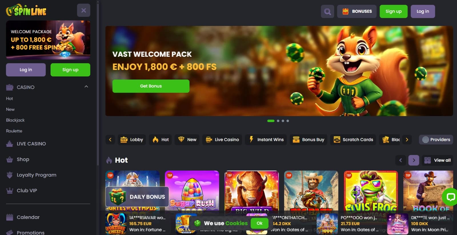 Spinline Casino's landing page with the 1800 euro welcome bonus banner with image of squirrel mascot above featured game section 