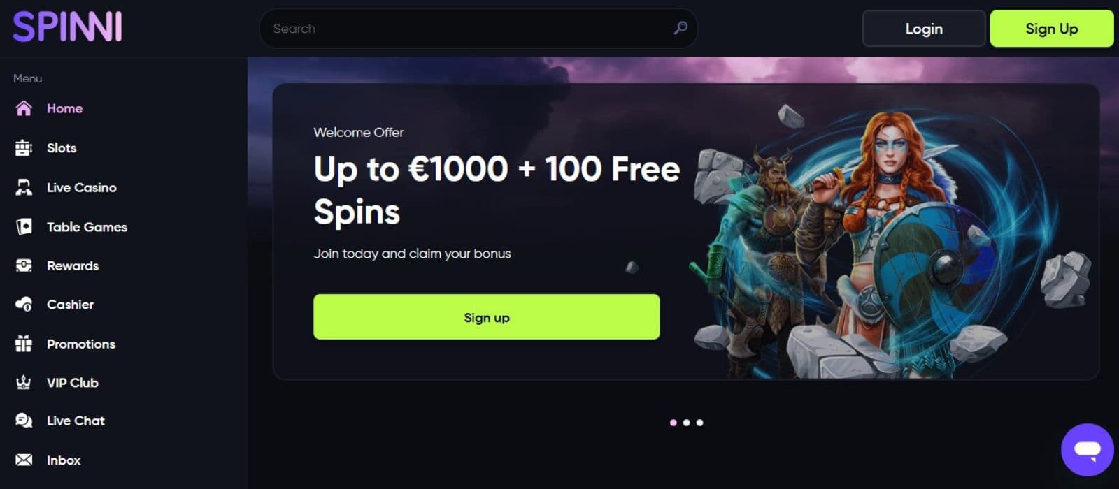 Spinni Casino's homepage, showing the welcome bonus package, some game avatars, and a sidebar menu.