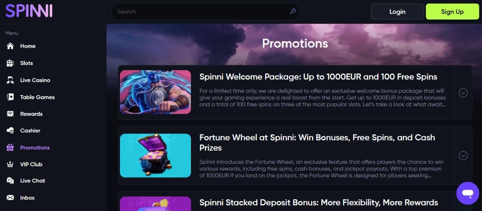 Spinni Casino's promotions page, showing the welcome bonus and other exciting offers.