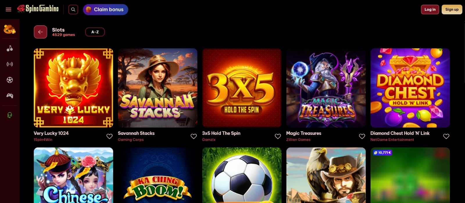 SpinoGambino Casino's game page featuring the 4000+ slots such as Savannah Stacks, Diamond Chest and many other titles