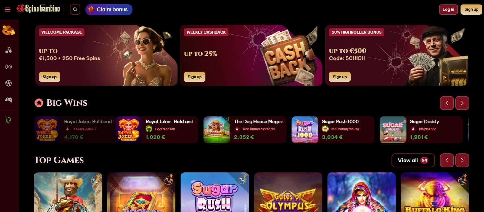 SpinoGambino Casino landing page featuring a bonus reel, big wins players and top games