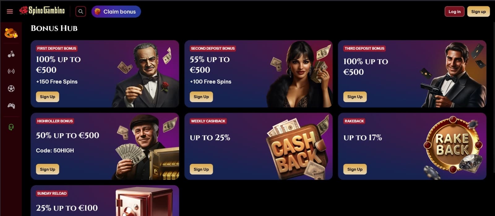 SpinoGambino Casino's promotions page lists the three part welcome bonus,reload bonus, rakeback and weekly cashback