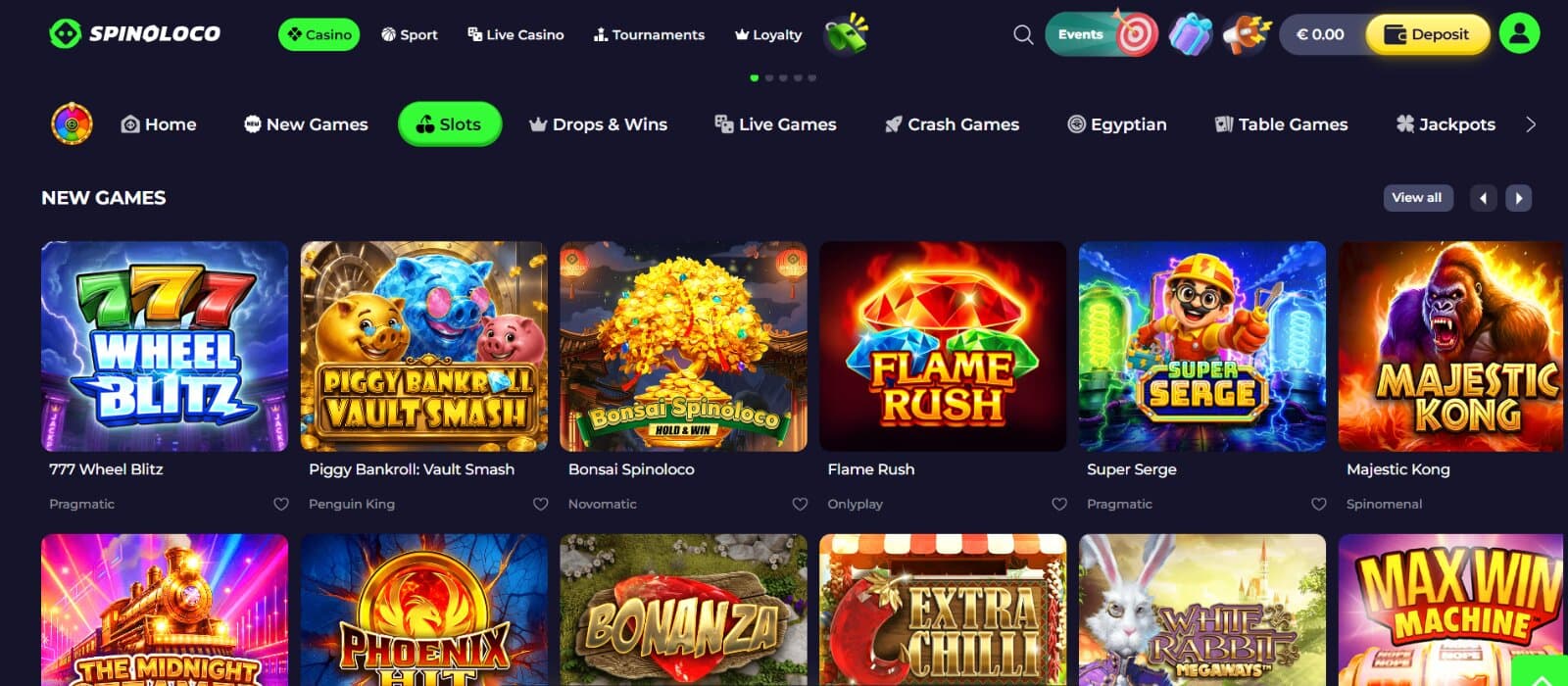 Spinoloco Casino games page featuring the slots icons under the main gaming tabs 