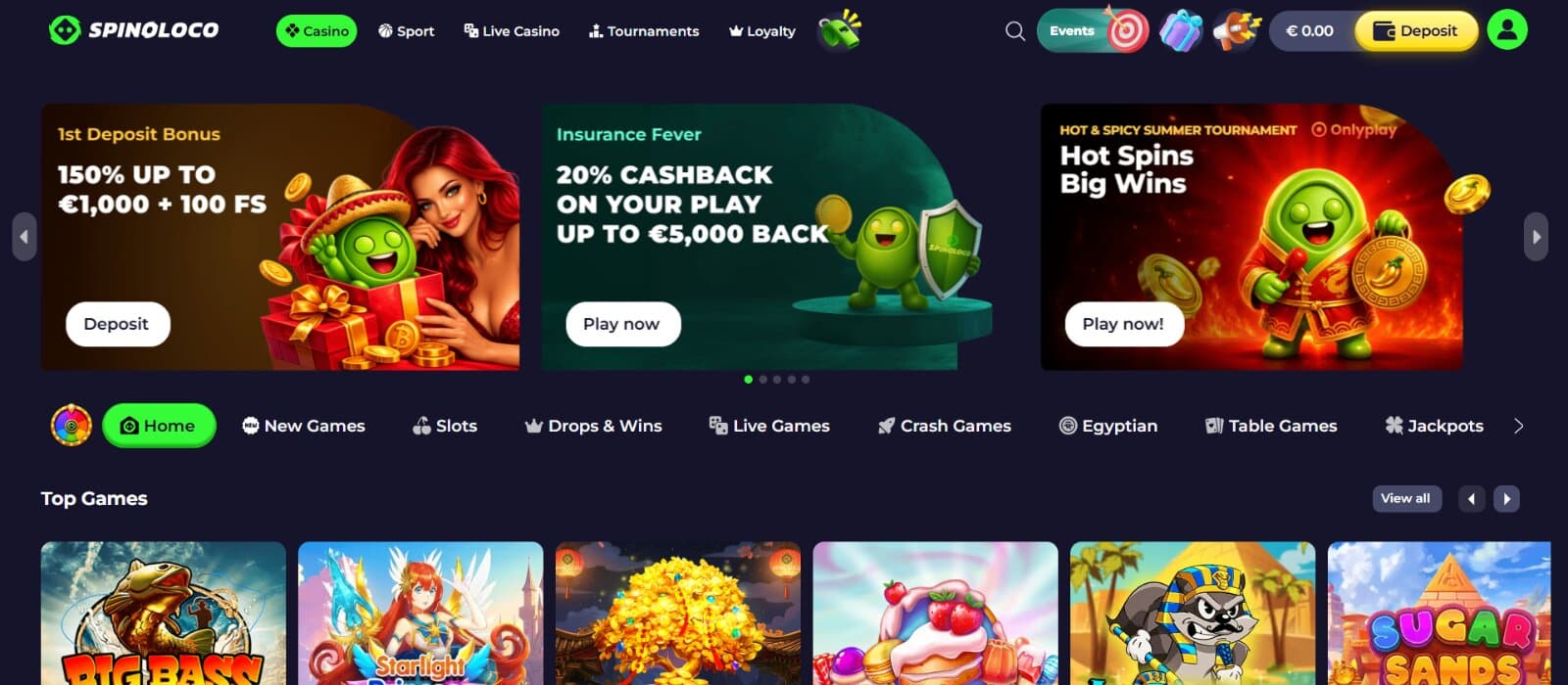 Spinoloco Casino landing page featuring the promotional image slide, game category tabs, ad top games section with slot icons