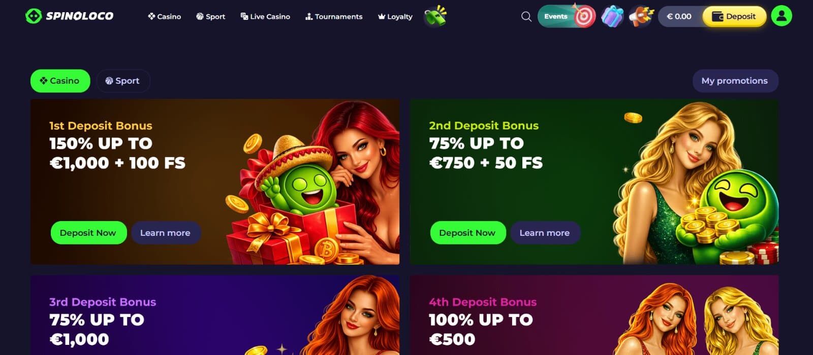 Spinoloco Casino promotions page featuring the four deposit welcome bonuses, their respective banner images with casino mascot and female characters 
