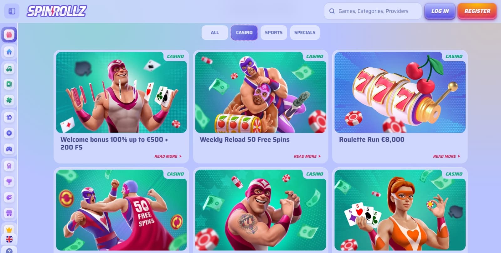 Spinrollz Casino casino promotions such as welcome bonuses, weekly reloads with luchador images