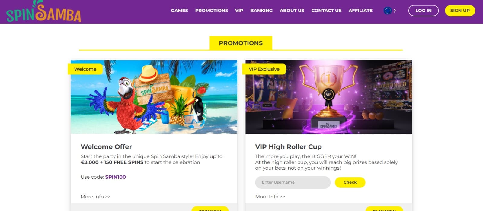 Spin Samba Casino promotions page with welcome offer on tile with Scarlet macaw 