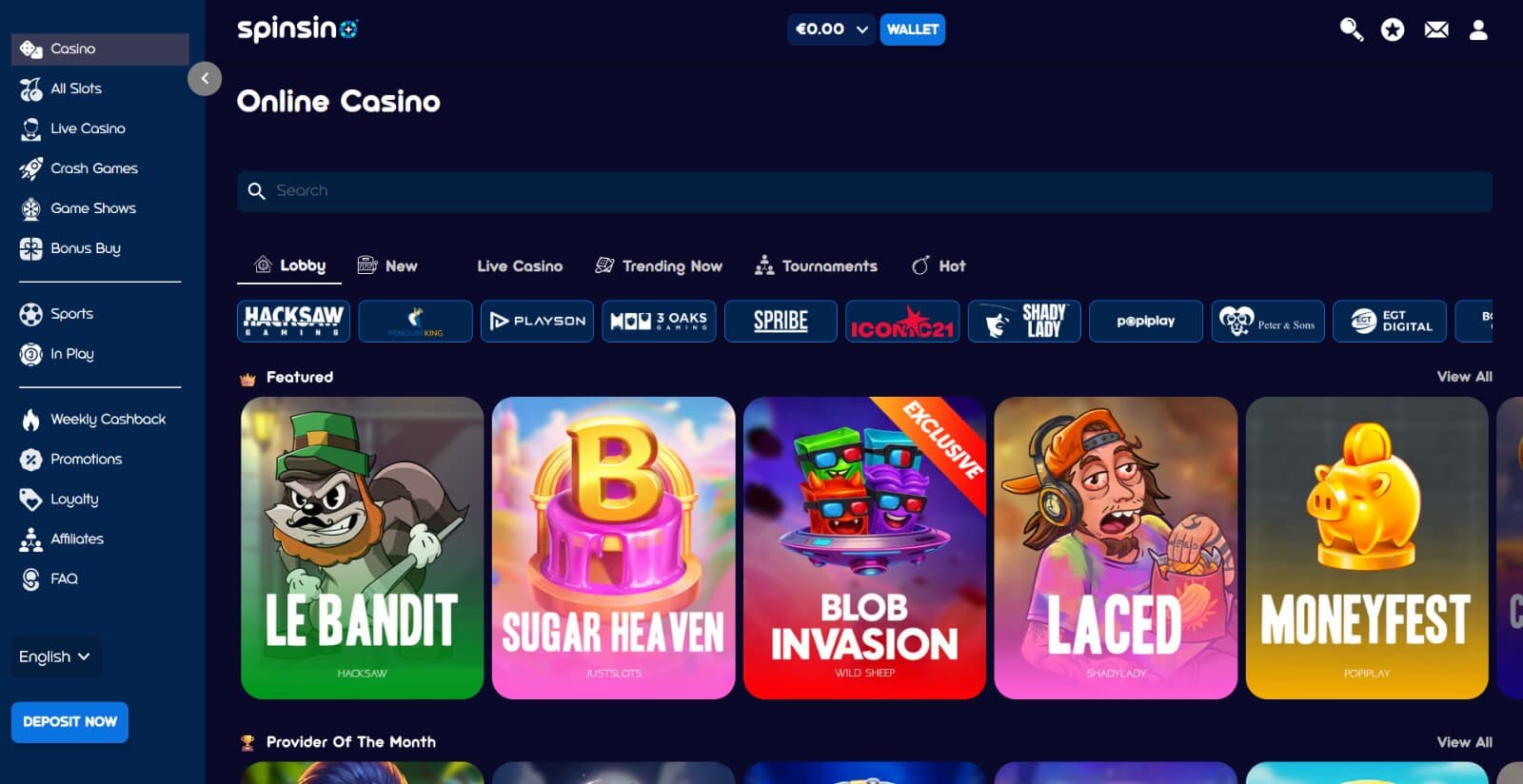 Spnsino Casino's games page featuring the online slot and table games lobby, search box, and category tabs