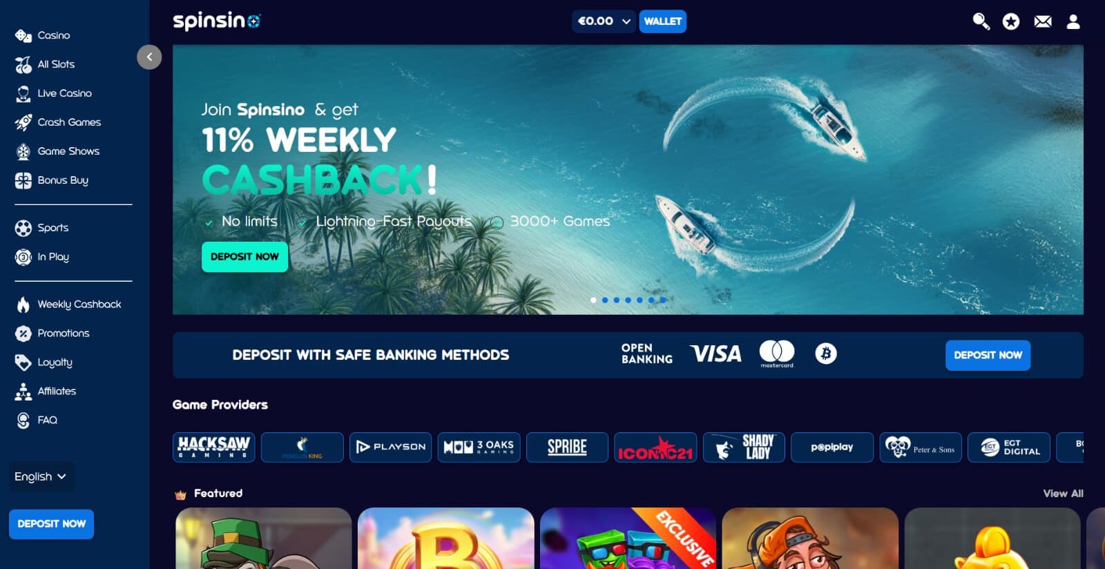 Spinsino Casino's landing page displaying the 11% weekly cashback offer with blue yacht banner above game lobby tabs and featured slots