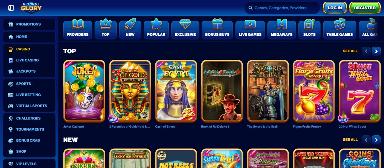 Spins of Glory Casino games page with top slots under game category tabs