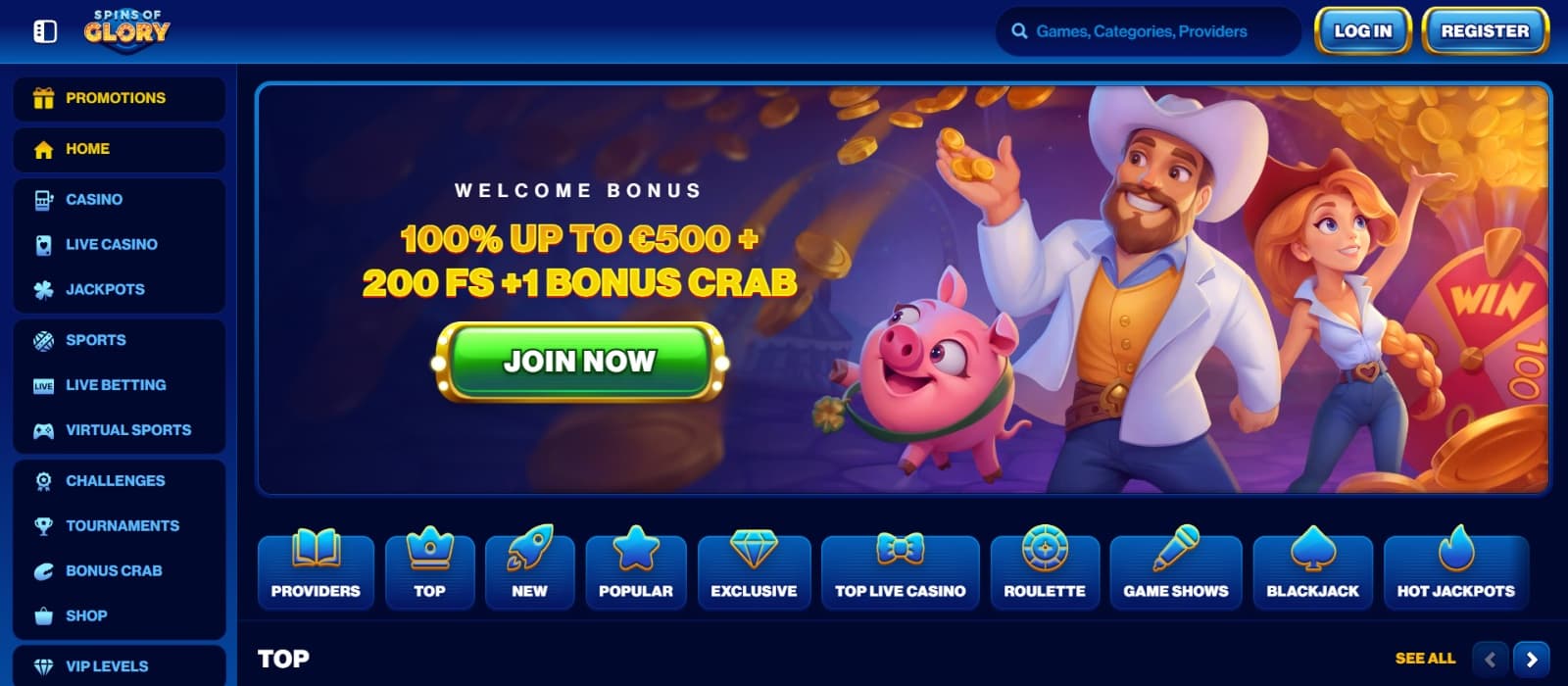 Spins of Glory Casino landing page with welcome bonus banner  with golden coins and site mascots