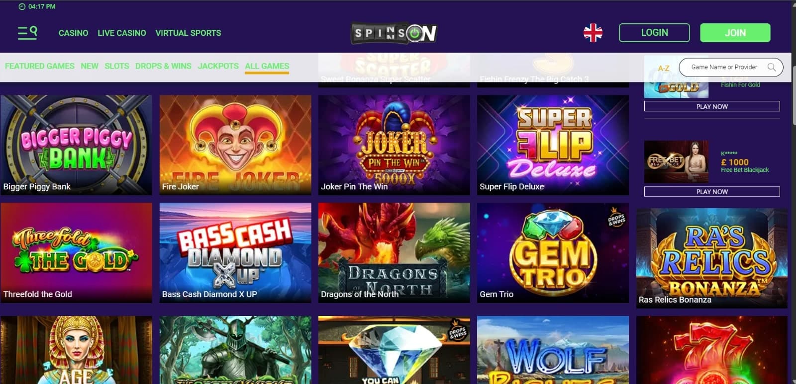 Spinson Casino games page featuring all slot games such as Fire Jocker, Gem Trio, and Bigger Piggy Bank