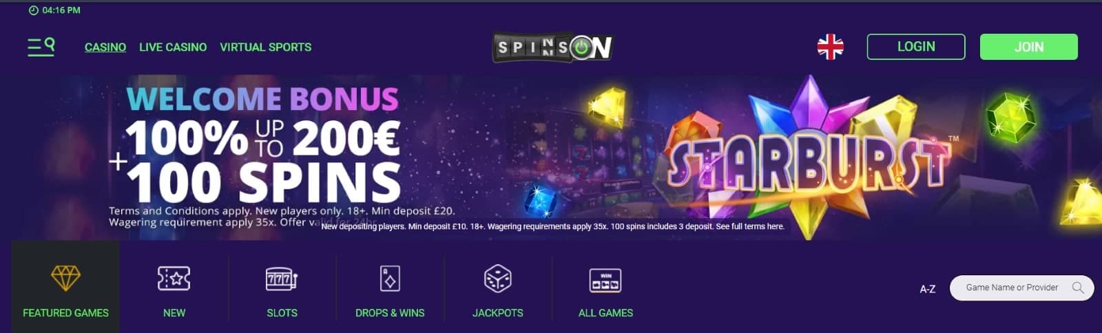 Spinson Casino landing page displaying a welcome bonus of 200 euro and 100 free spins on Starburst slot game