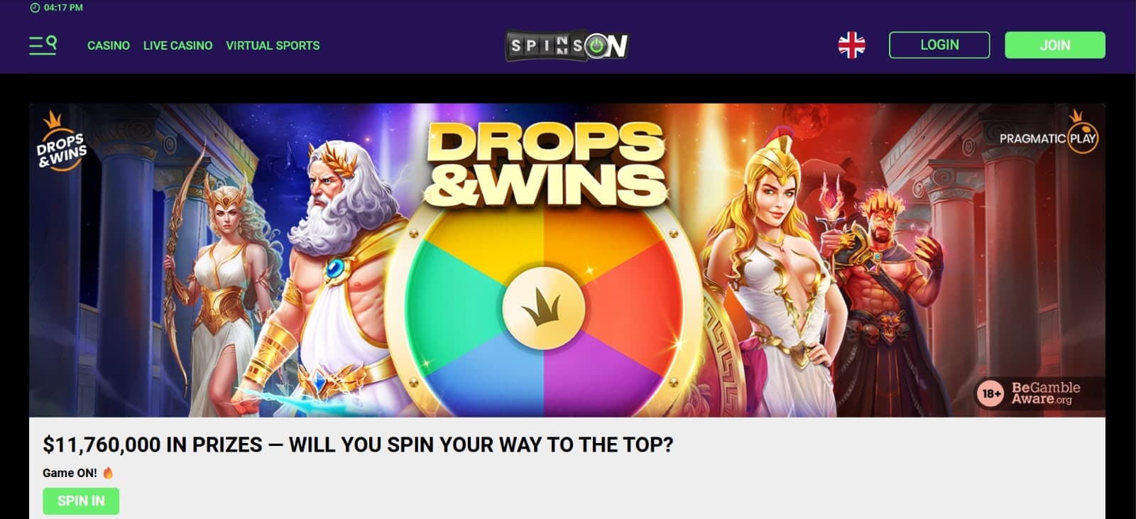 Spinson Casino promotions page featuring the drops and wins Pragmatic Play tournament