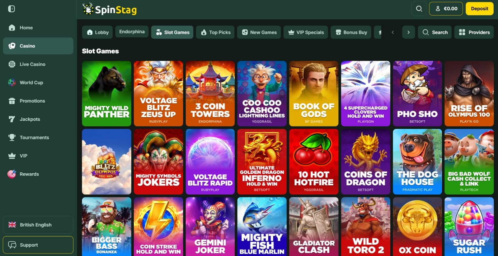 SpinStag Casino games page featuring the slot game selection under lobby categories and search filters