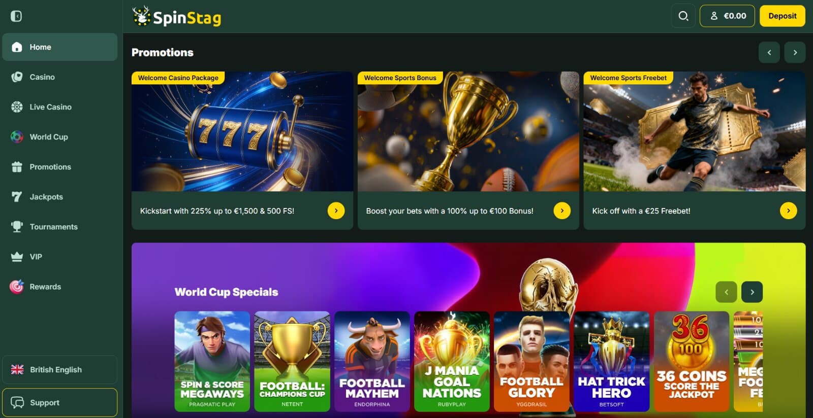 SpinStag Casino landing page featuring the sports and casino welcome bonuses above World Cup Specials, next to navigational menu
