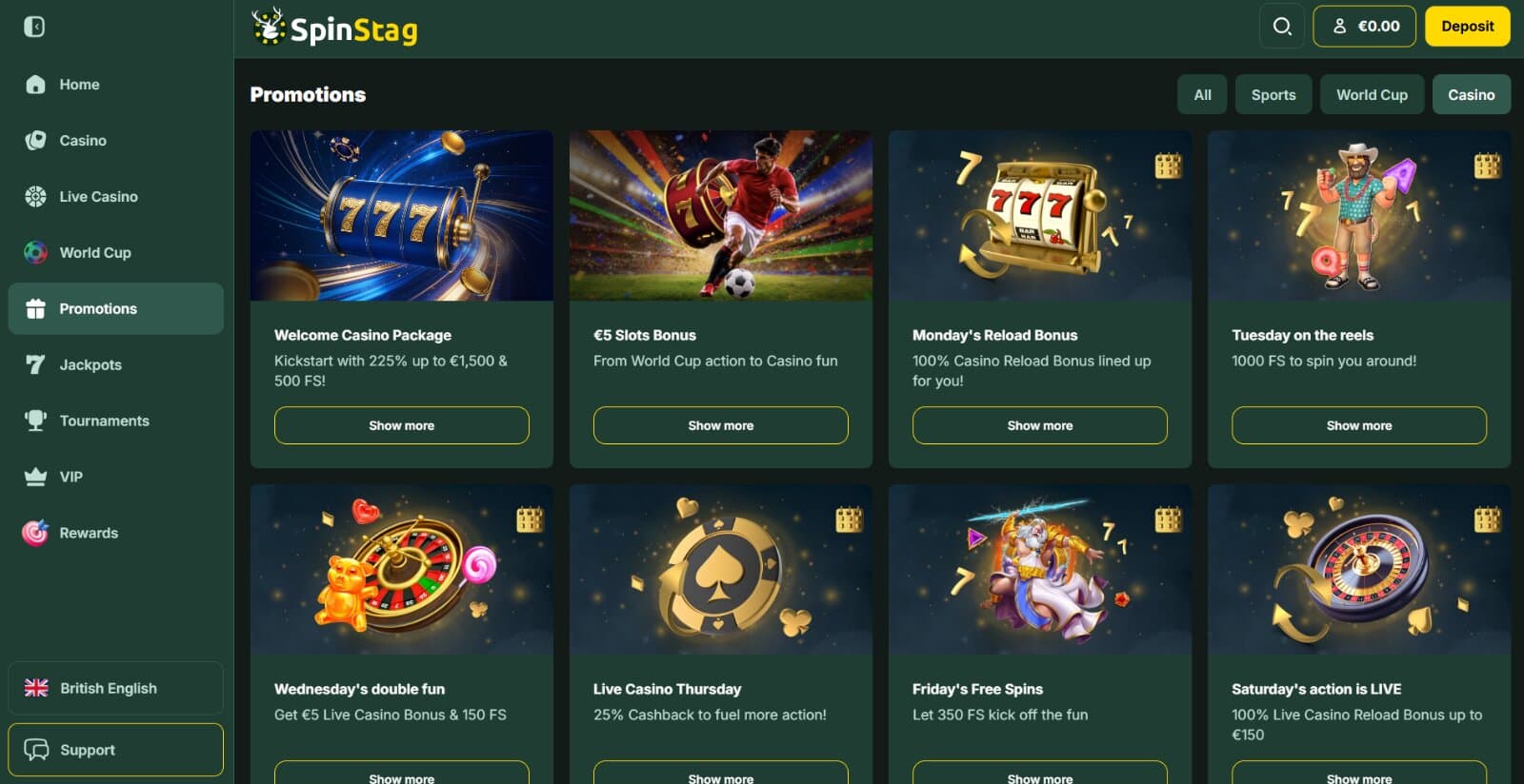 SpinStag Casino promotions page displaying welcome package and reload bonuses